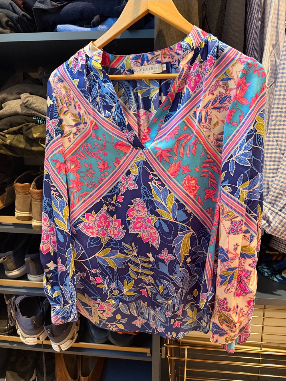 Alice + Olivia Navy, Teal & Pink Floral Patchwork Blouse